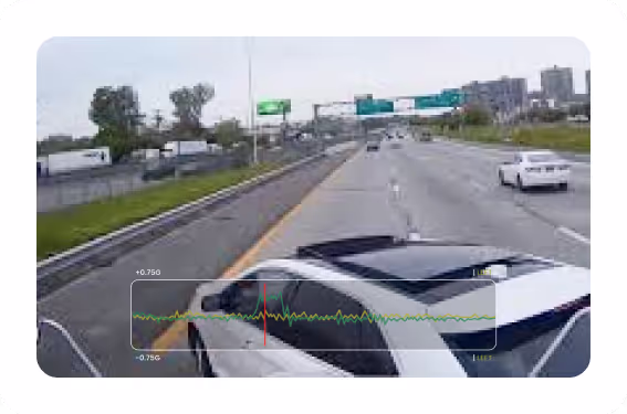 White car driving on a multi-lane highway with traffic signs and vehicles in the background.