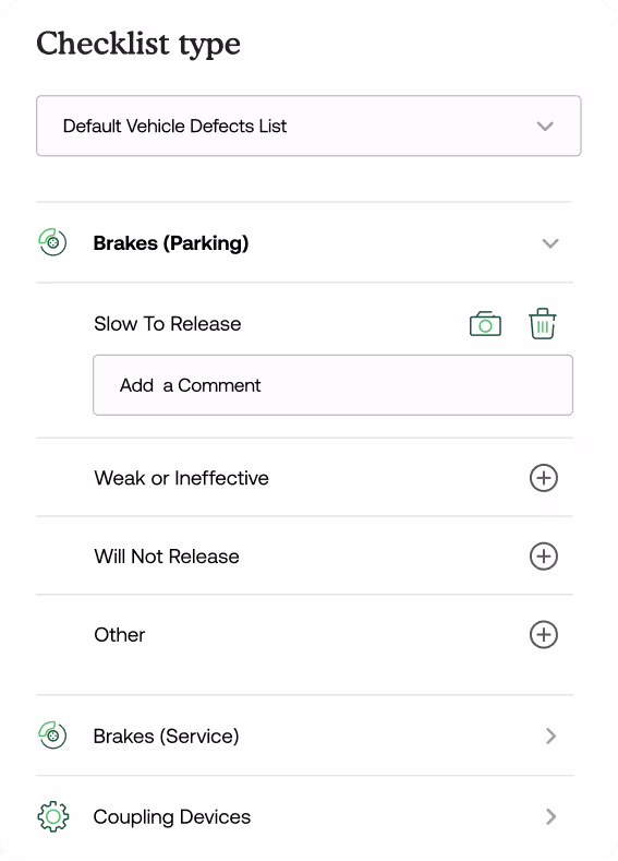 Vehicle defects checklist showing sections for Brakes (Parking) with issues like Slow to Release, Weak or Ineffective, Will Not Release, and Other, plus options for Brakes (Service) and Coupling Devices.