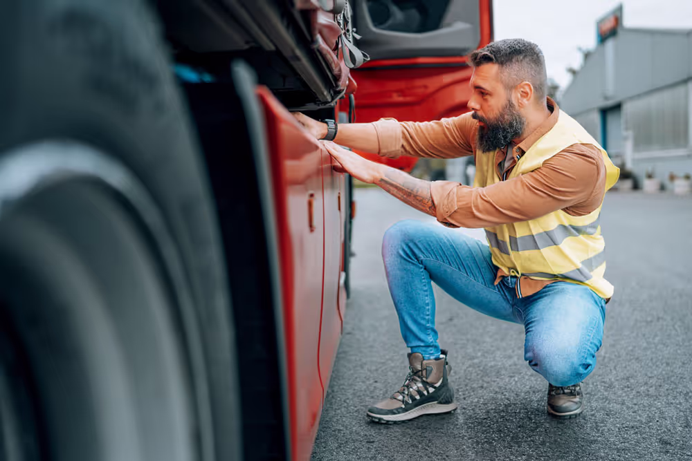 Man wearing a yellow safety vest inspecting the side compartments of a red truck while squatting on the road.