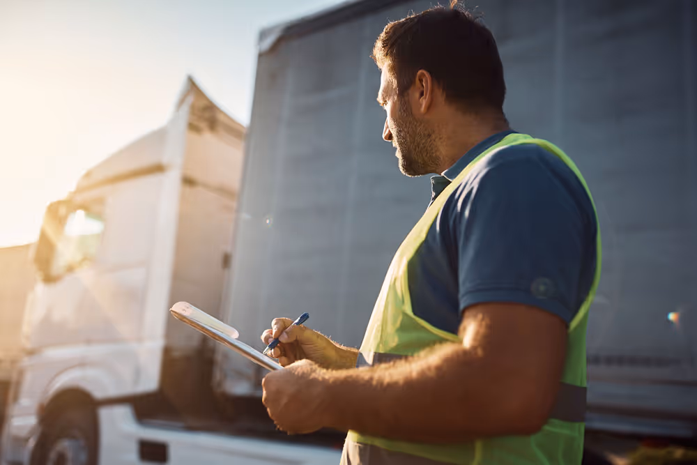 A man wearing a yellow safety vest writing on a clipboard beside a truck at sunset.