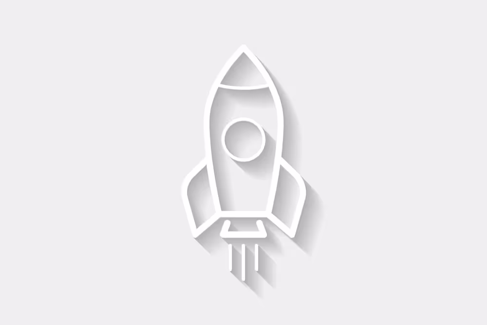 White outline of a rocket with exhaust lines on a light gray background.