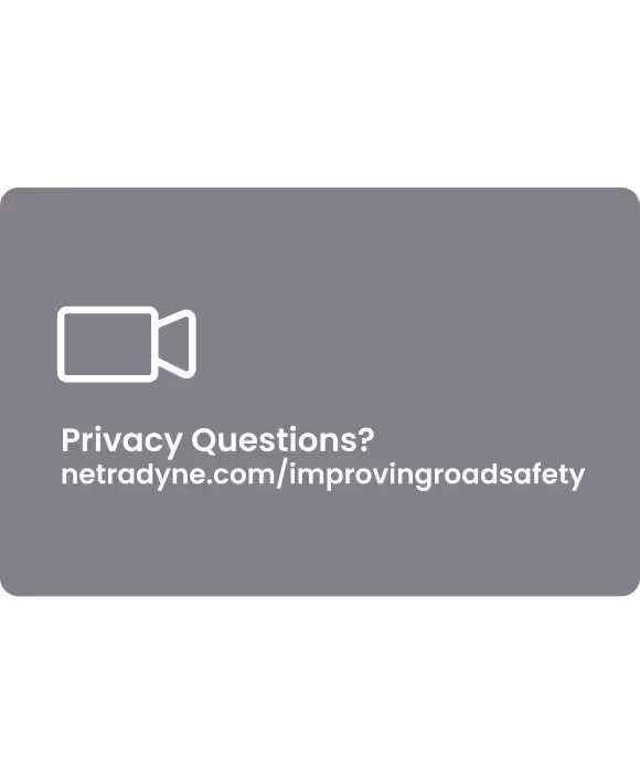 White video camera icon with text 'Privacy Questions?' and URL netradyne.com/improvingroadsafety on a grey background.