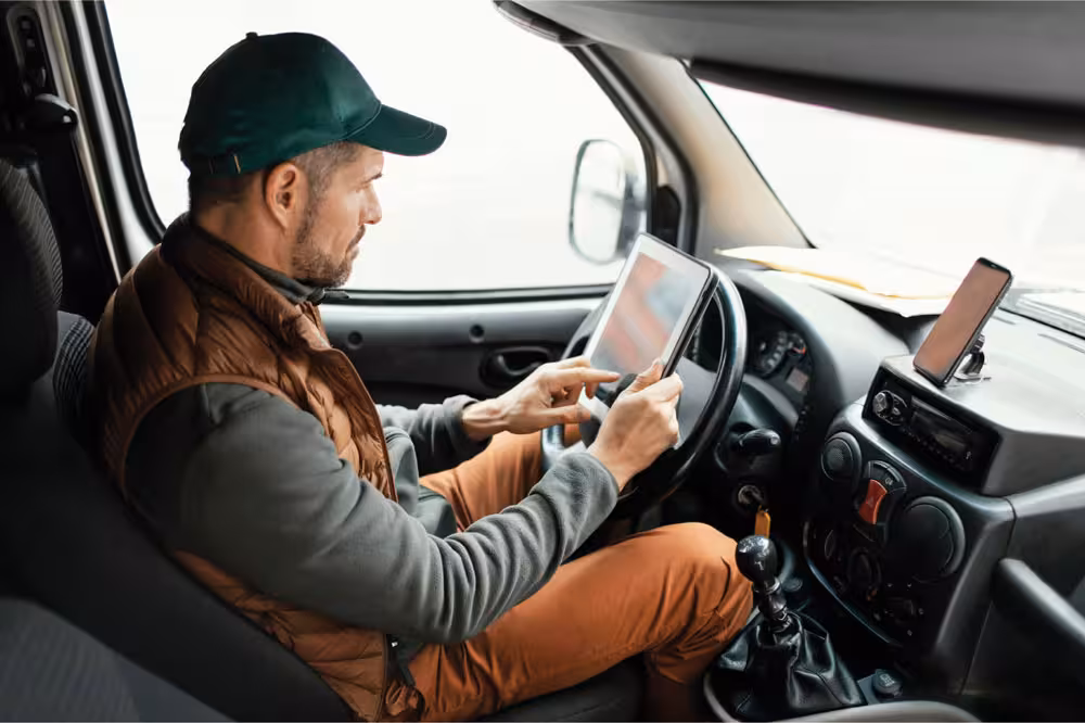 Driver sitting in a vehicle cabin using a tablet while parked.