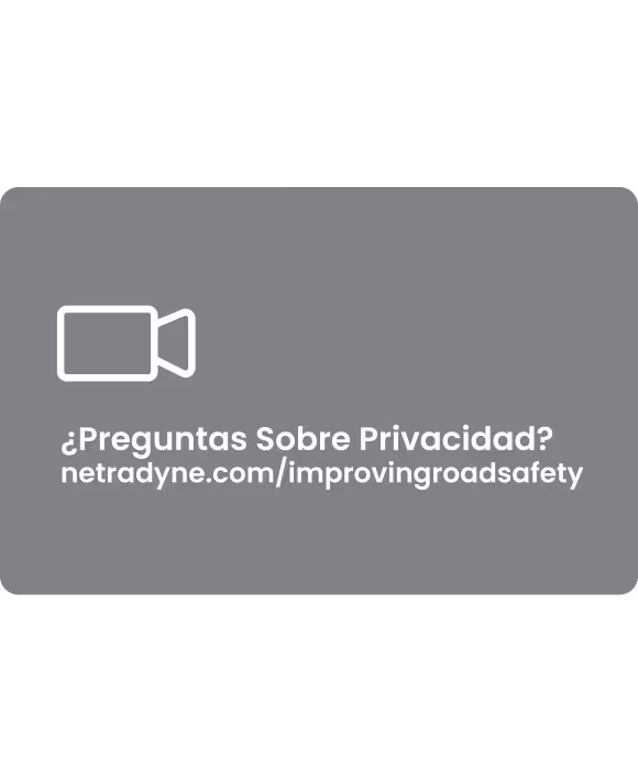 White video camera icon with text asking Privacy Questions and URL netradyne.com/improvingroadsafety on gray background.