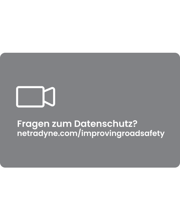 White video camera icon with text asking 'Questions about privacy?' and URL netradyne.com/improvingroadsafety on a gray background.