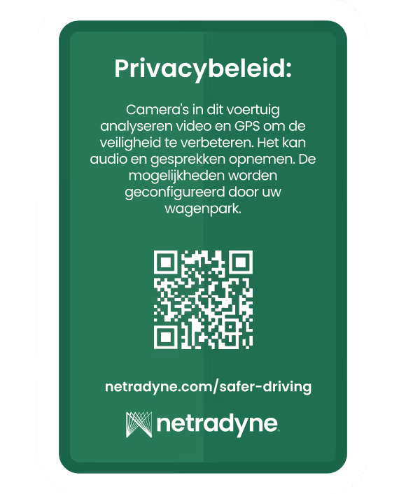 Green card with Dutch text about privacy policy explaining vehicle cameras analyze video and GPS for safety, may record audio and conversations, with a QR code and netradyne.com/safer-driving link.