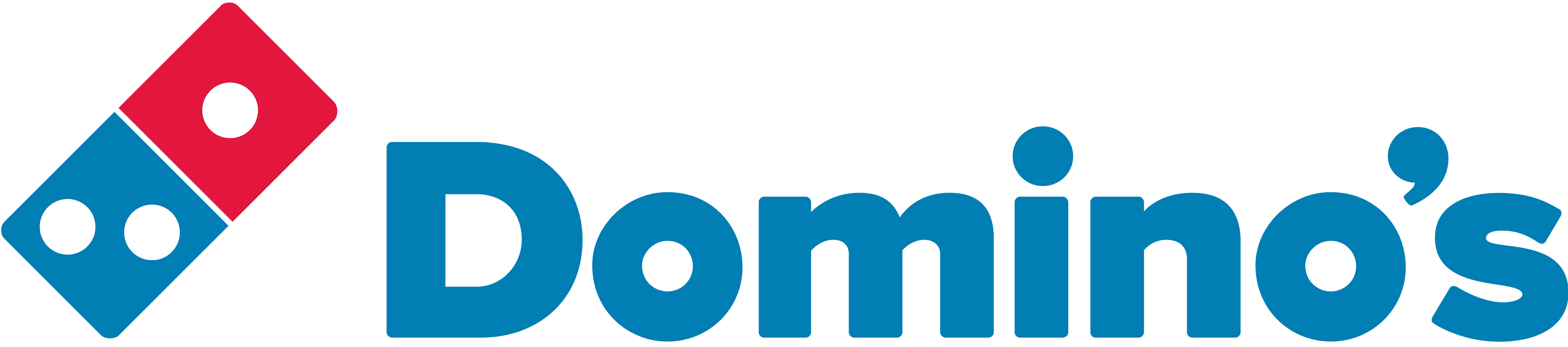 Domino's logo with a red and blue domino tile and blue text.