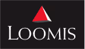 Loomis company logo with a red triangle above white text on a black background.