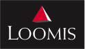 Loomis company logo with a red triangle above white text on a black background.