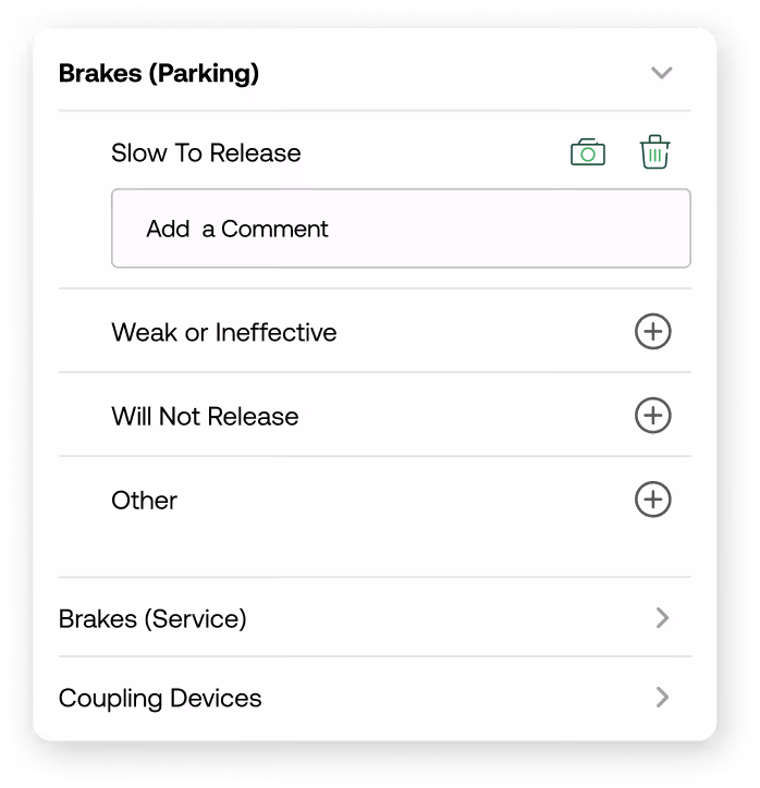 User interface showing brake inspection categories with options for Slow to Release, Weak or Ineffective, Will Not Release, and Other, including a comment box and icons for adding photos or deleting comments.