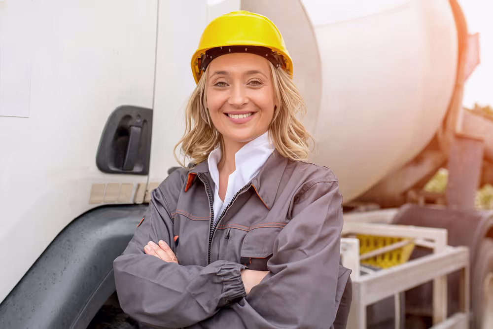 A woman wearing a yellow construction cap smiles for the camera