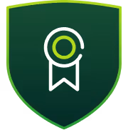 Green shield emblem with a white and green ribbon award icon inside.