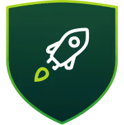 Green shield with a white rocket icon emitting flames at the bottom.