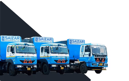 Three blue and white Saizar Enterprise trucks parked side by side.