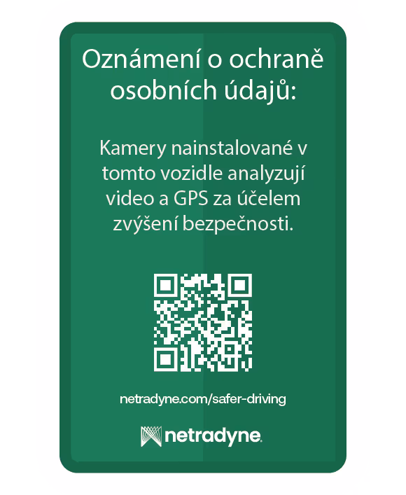 Privacy notice stating that cameras installed in this vehicle analyze video and GPS to enhance safety, with a QR code and the URL netradyne.com/safer-driving.