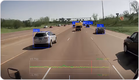 View of a highway with several cars labeled with distance measurements in seconds, showing lane and speed data on a vehicle dashboard display.
