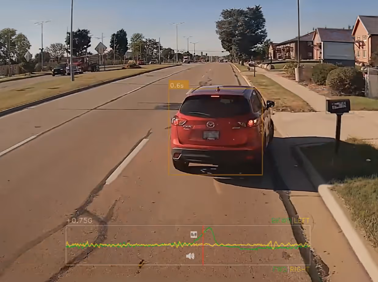Rear view of a red Mazda SUV driving on a suburban road with telemetry data overlay.