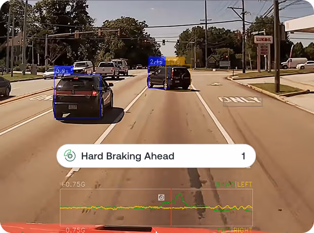 Dashboard view of cars on a road with warning 'Hard Braking Ahead' and time distances displayed.