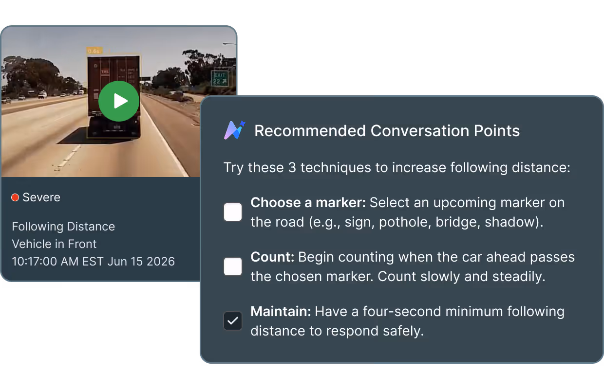 Screenshot showing severe following distance warning with three techniques to increase distance on the road.