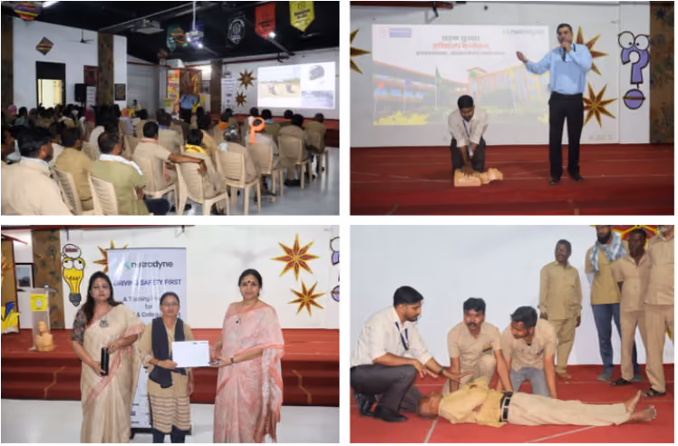 Collage of images showing a safety training event with CPR demonstration and certificate presentation.