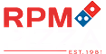 RPM Pizza logo with red RPM text and Domino's pizza icon above white PIZZA text and EST. 2013