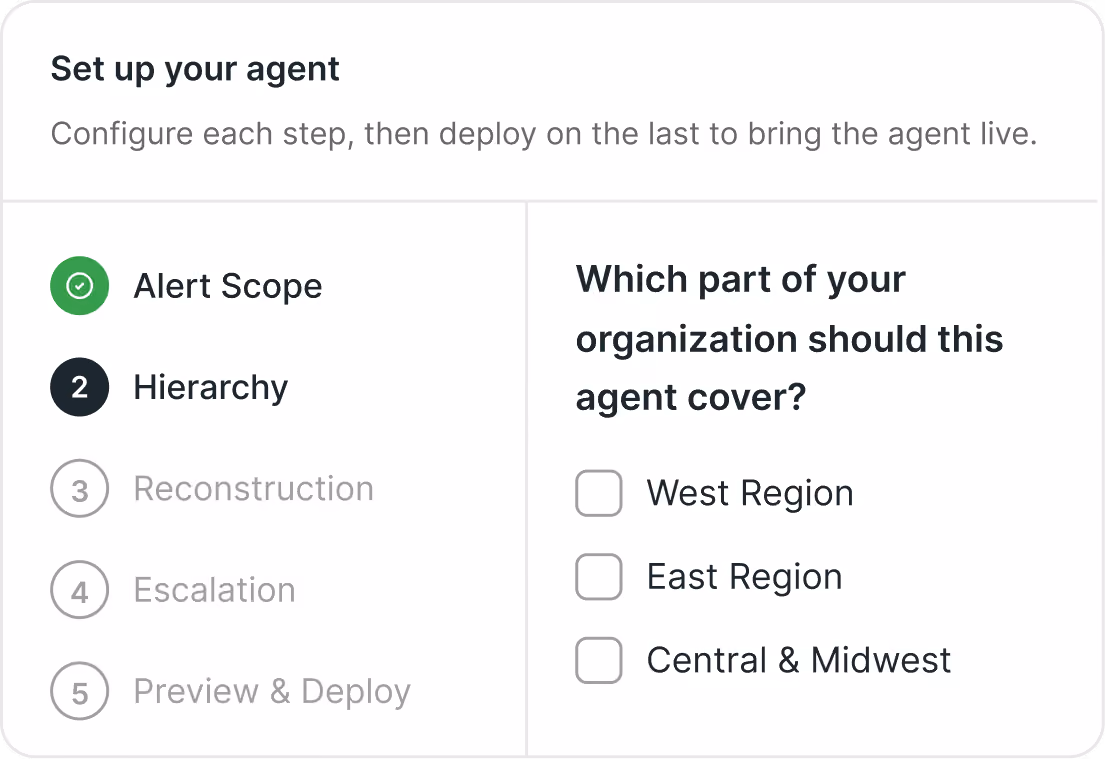 Agent setup screen showing step 2 Hierarchy with options to cover West, East, or Central & Midwest regions.