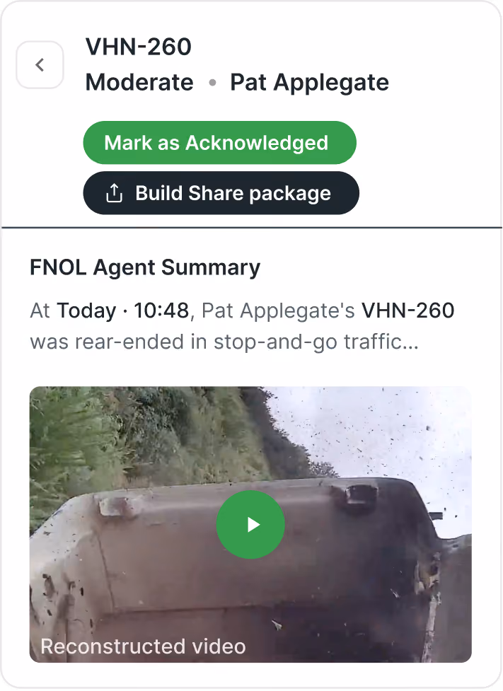 Dashboard showing incident VHN-260 marked moderate assigned to Pat Applegate with reconstructed video thumbnail.