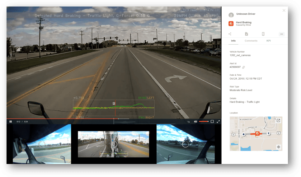 Driver·i dashboard showing a hard braking alert at a traffic light with g-force data and a map of the incident location