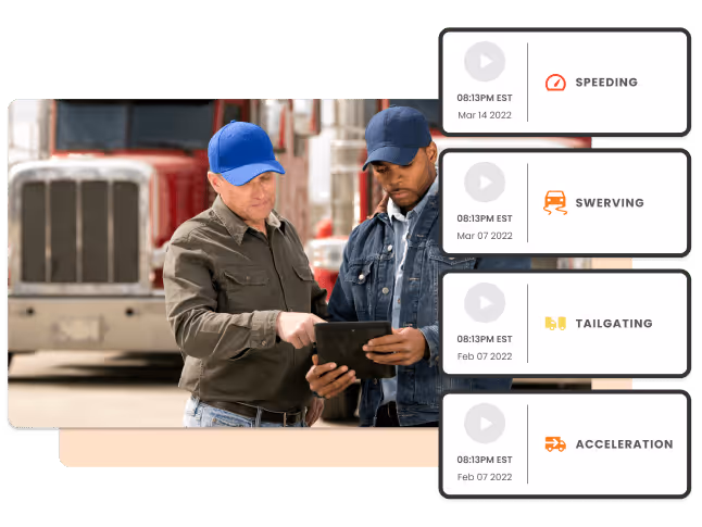 Two truck drivers, a white and black man, looking at a tablet together with a cab semi in the background