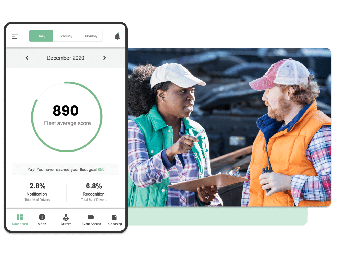 Fleet manager coaching a new truck driver. Promote safe driving