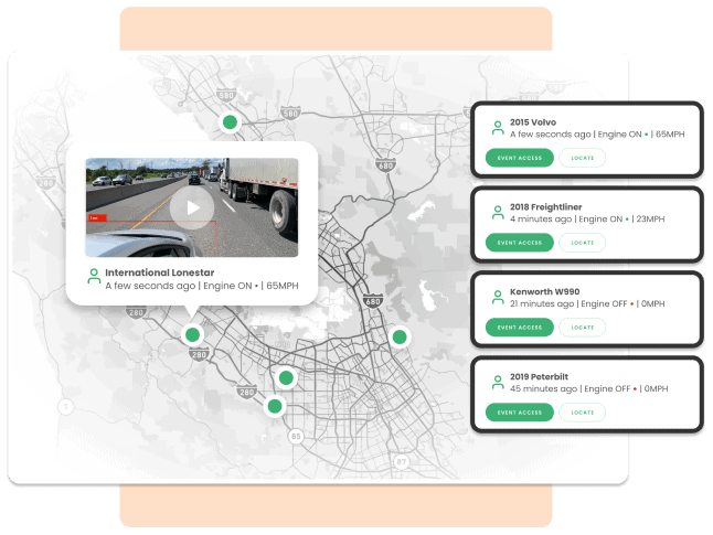 black and white road map with green markers that track truck stops and deliveries