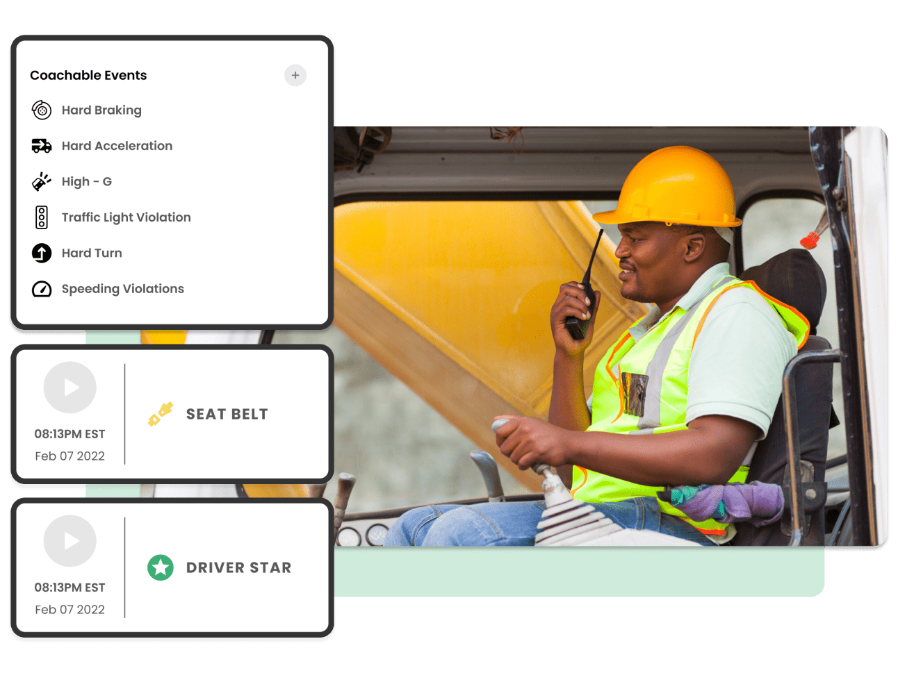 A black construction worker operating an excavator talking through a two-way radio