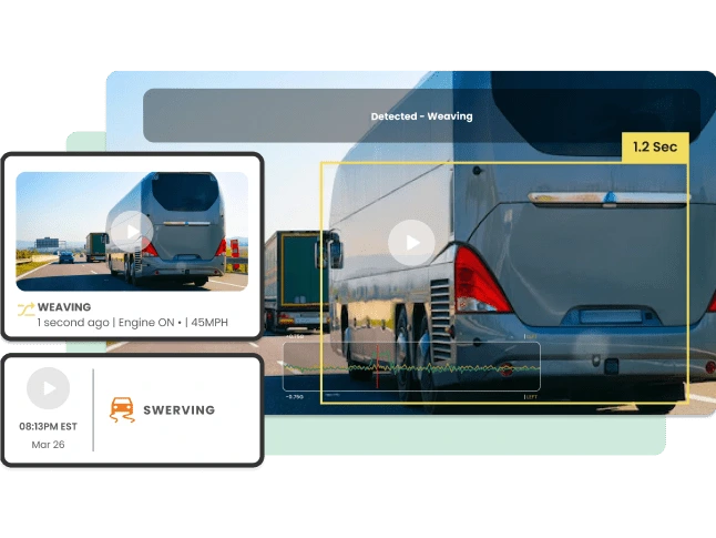 Back end of a passenger transit bus on an interstate. Protect your business and fleet with Driver•i camera system solutions