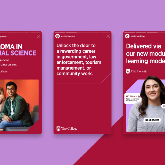 Three maroon informational panels on a purple background promoting Western Sydney University courses, highlighting career opportunities in government, law enforcement, tourism, and a new modular learning mode with no exams or lectures.