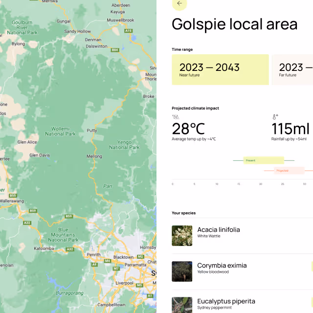 Map of Golspie local area with projected climate impact showing average temperature increase to 28°C and rainfall increase to 115ml between 2023–2043, listing local species Acacia linifolia, Corymbia eximia, and Eucalyptus piperita.