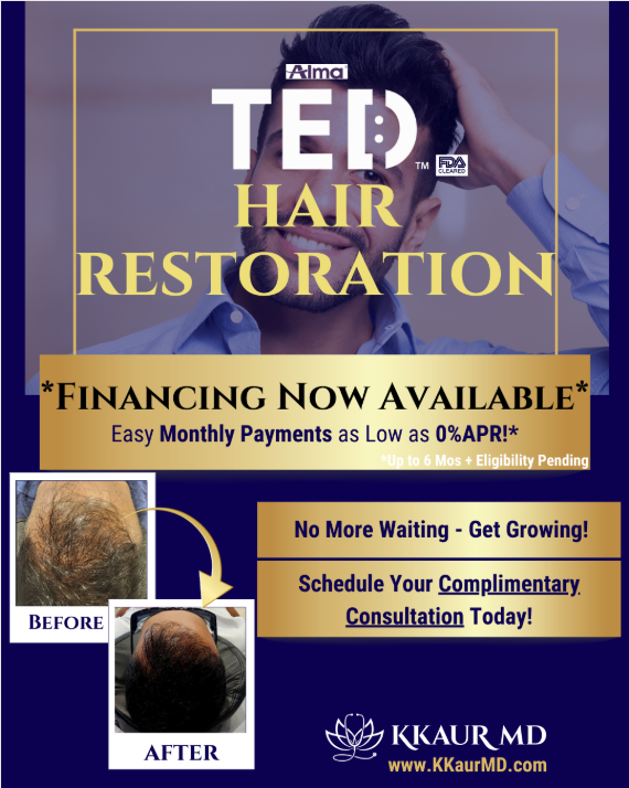 Concerned about hair loss? Dr. Kaur offers Alma TED, a needle-free, non-invasive solution for men & women. Combat thinning & shedding with this innovative treatment that uses acoustic sound waves to nourish your scalp for visible results.