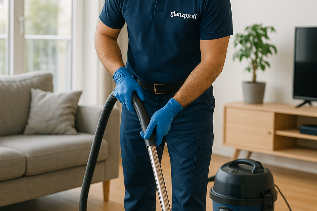 Person wearing blue gloves and a navy uniform using a vacuum cleaner in a living room.