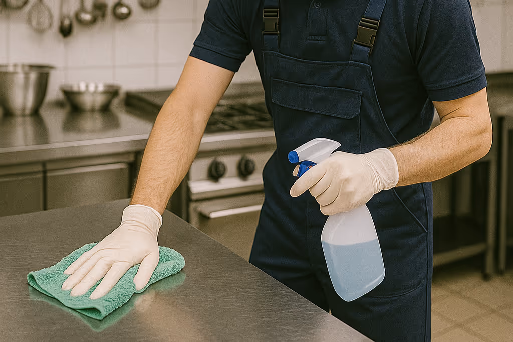 image of a sophisticated seasonal cleaning team at work in a high-end kitchen