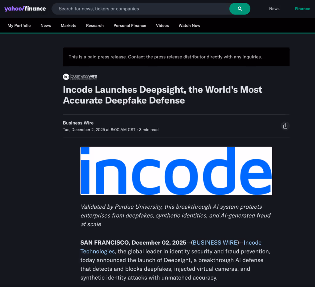 Yahoo! Finance's article about Incode's Deepsight.