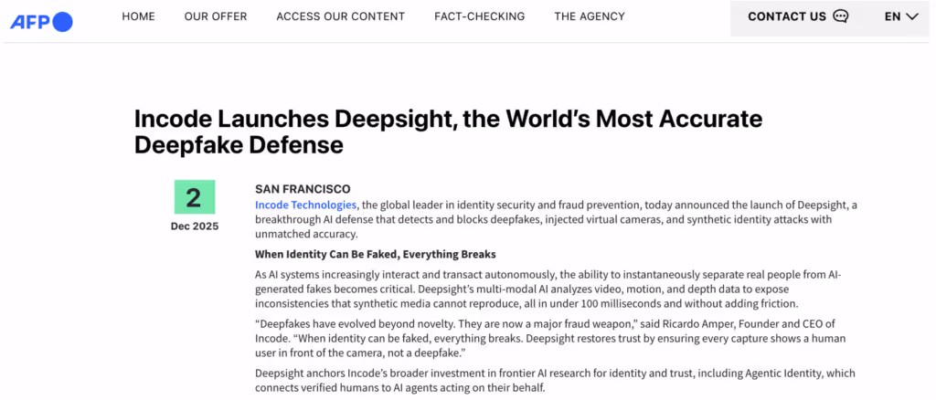 AFP's article on Incode's DeepSight.
