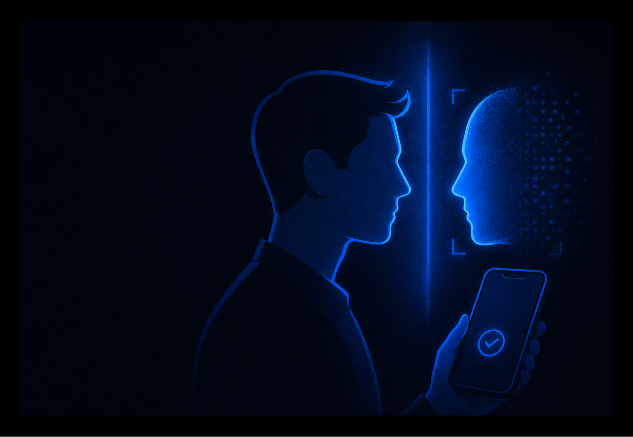 Illustration of a human looking at an artificial intelligence construct