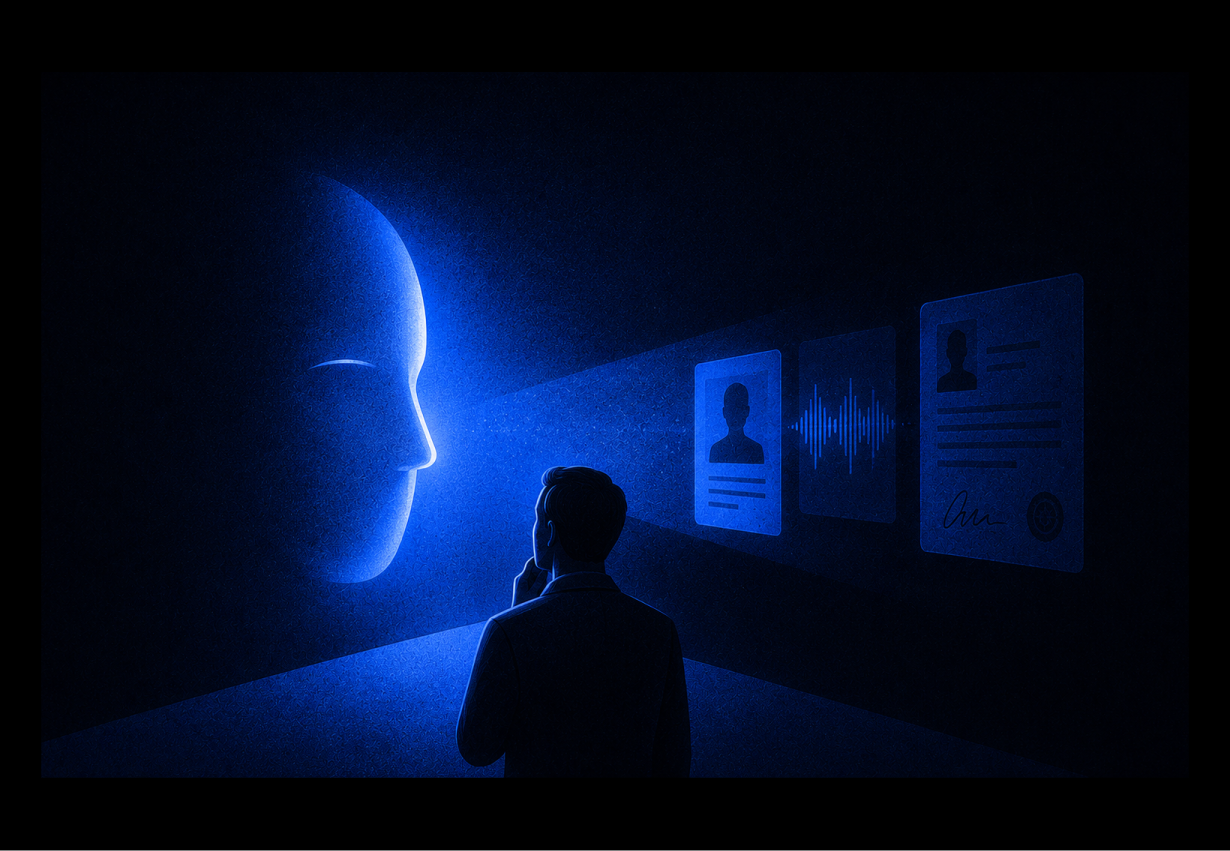 Abstract illustration representing a person looking at an AI-generated image wondering if it is a deepfake or not