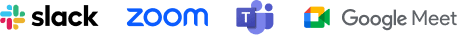 Collaboration tool logos including Slack, Zoom, Teams, and Google Meet.