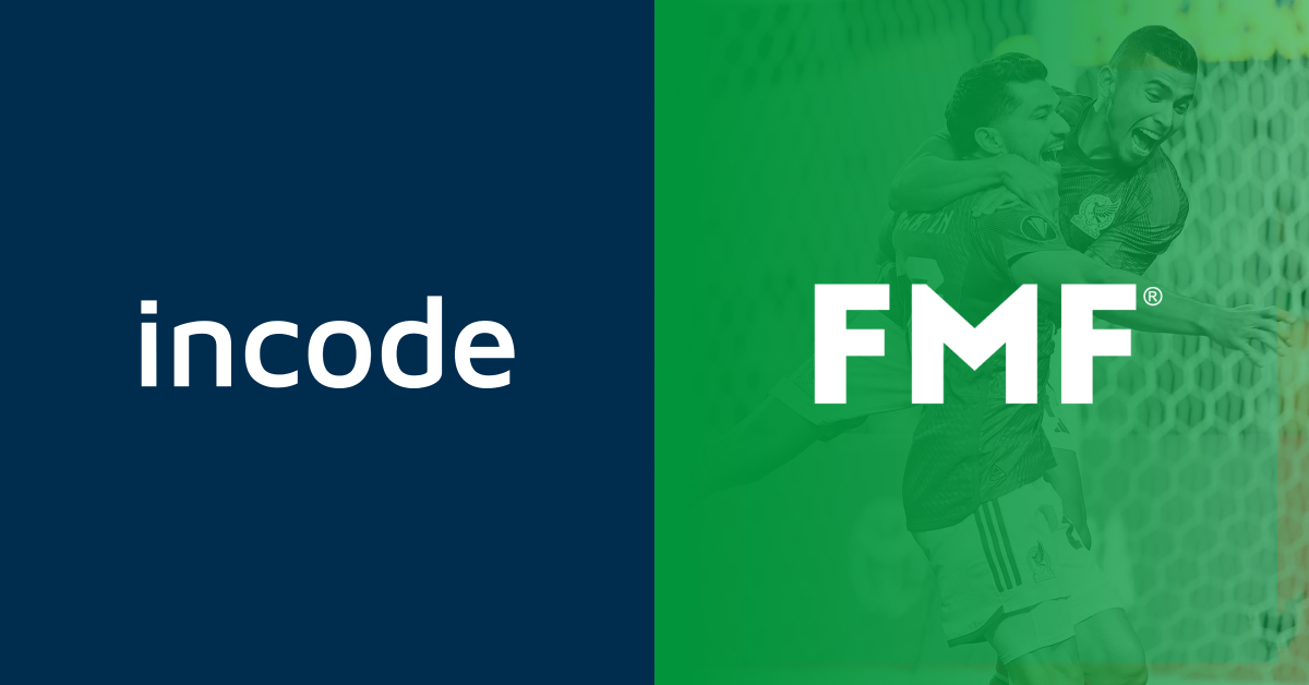 Split-panel Incode case study graphic with the Incode logo on dark blue and the FMF logo over a green-tinted sports photo.