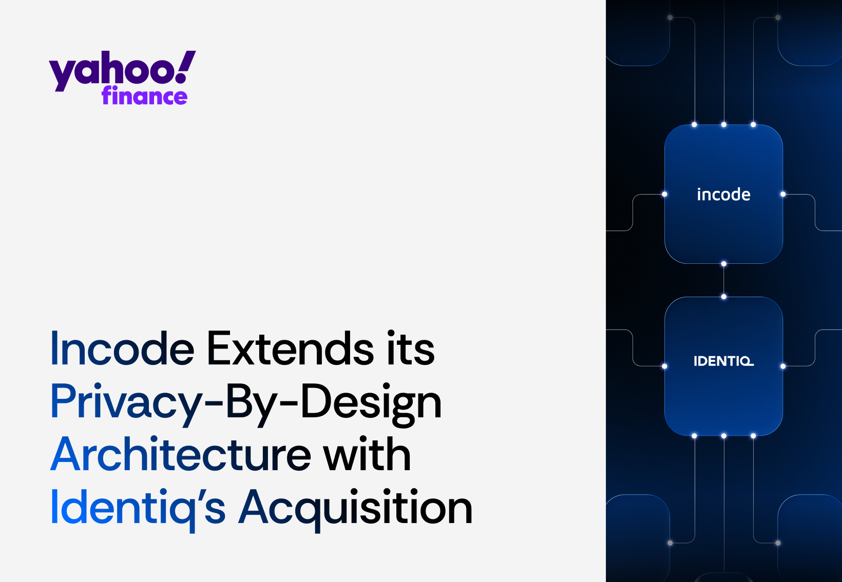 Image that reads Incode Extends its Privacy-By-Design Architecture with Identiq's Acquisition with the Yahoo Finance logo