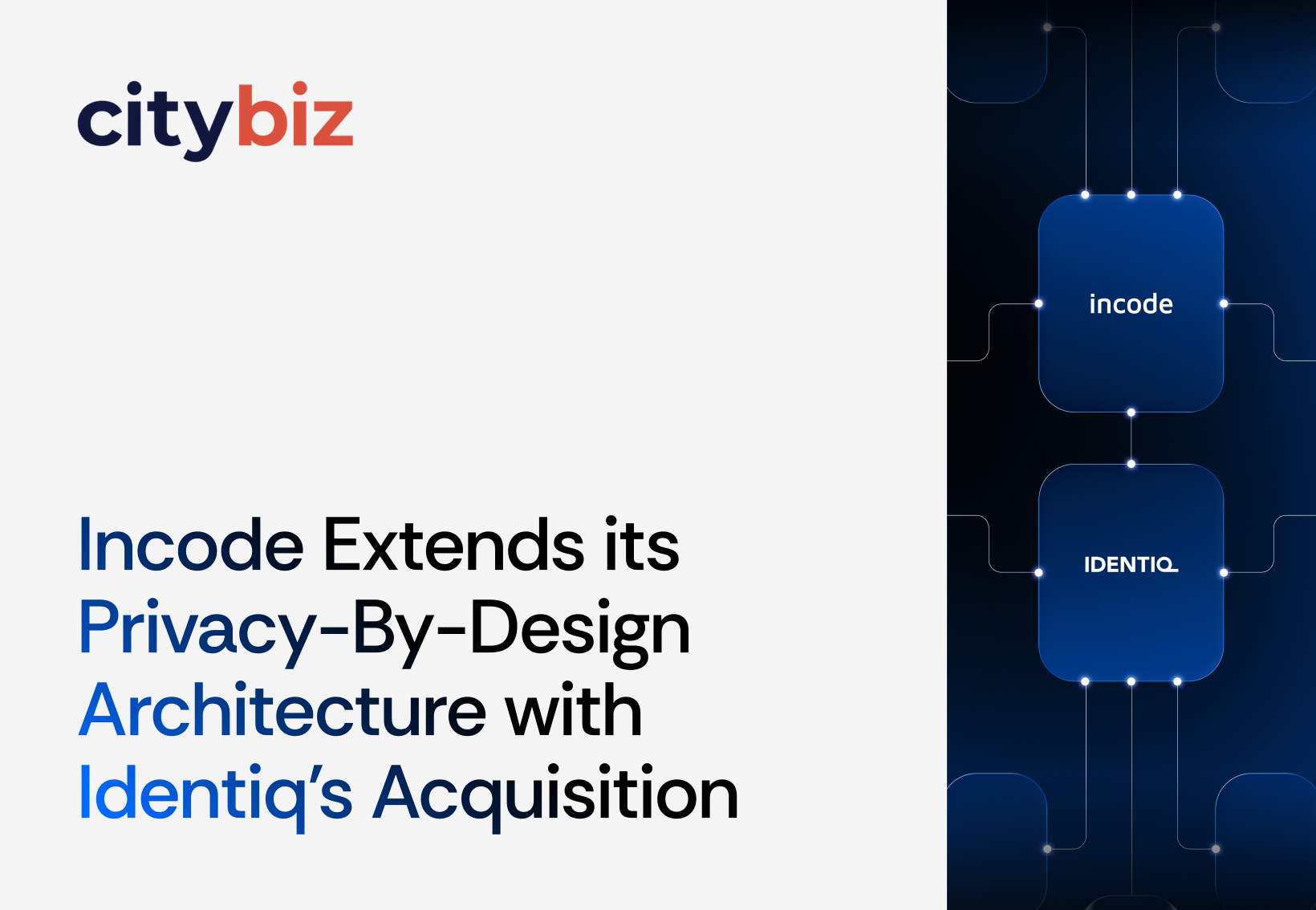 Text that reads Incode Extends its Privacy-By-Design Architecture with Identiq's Acquisition with CitiBiz logo