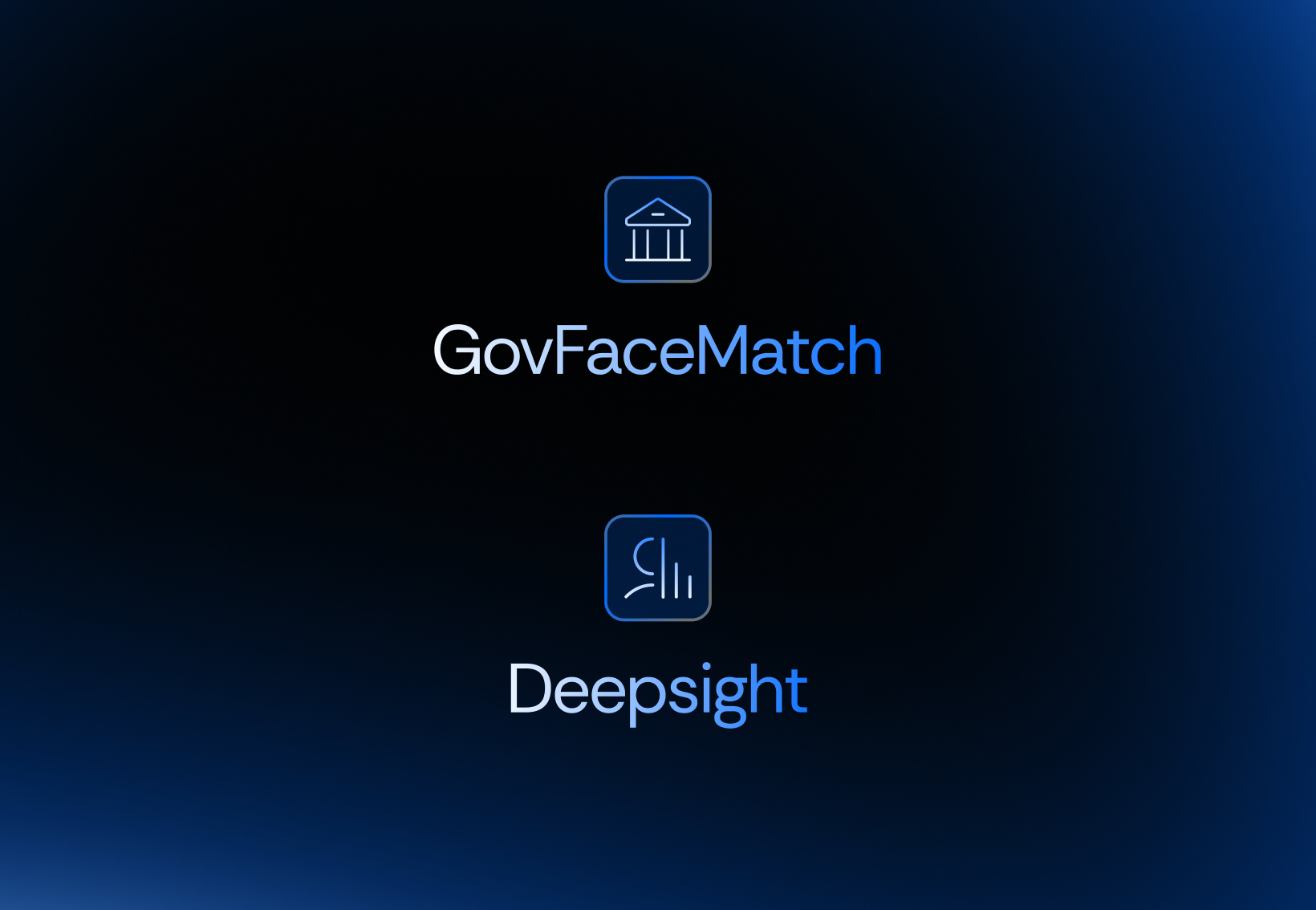 A graphic displaying the GovFaceMatch and Deepsight logos, stacked, against a black and blue background.