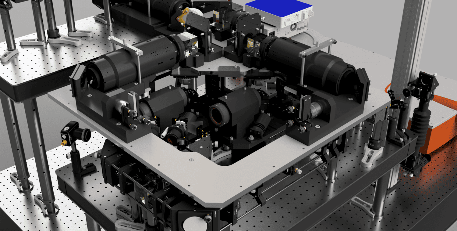 Close-up image of the SLAP2 Microscope mounted on a stable platform with various connected components.