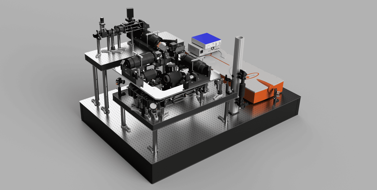 CAD rendering of the SLAP2 Microscope mounted on a stable platform with various connected components, viewed from a slightly further distance.