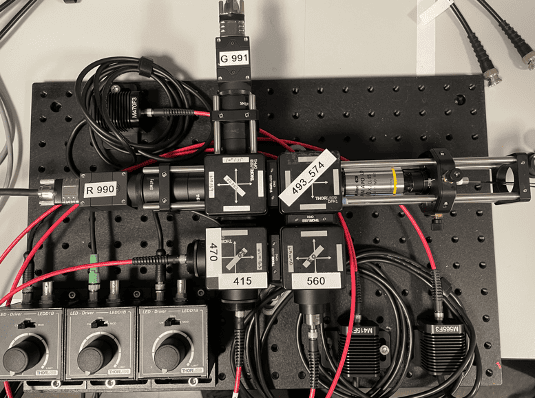 Top-down view of a low-cost scalable photometry system with black knobs and black and red cords on a platform.